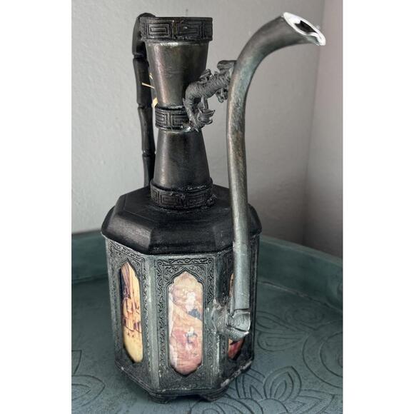 Antique Chinese 1910 Swatow Pewter 8 Panel Reverse Painted Glass Teapot, NO LID - Picture 6 of 13